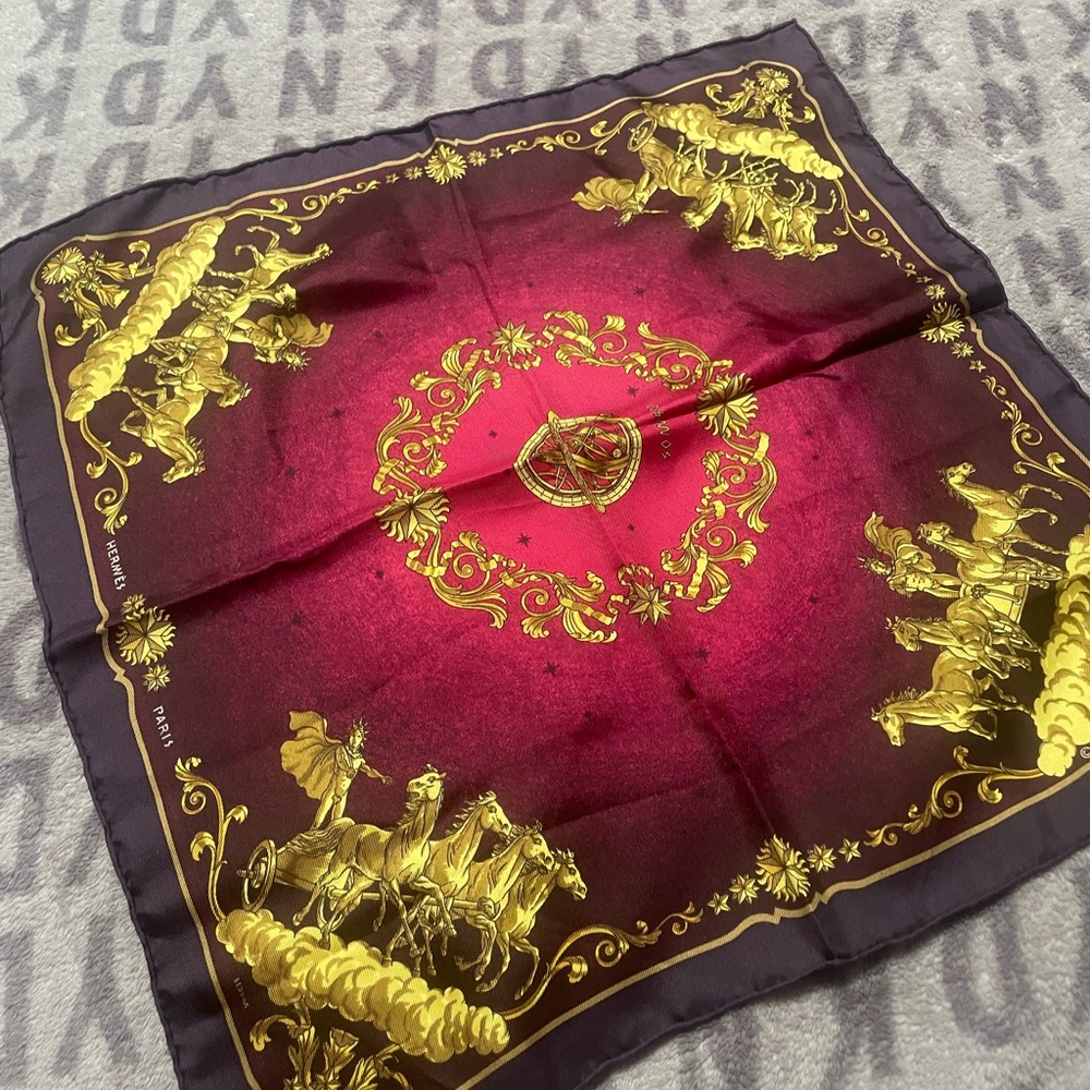Hermes Burgundy and Gold Equestrian Motif Silk Scarf